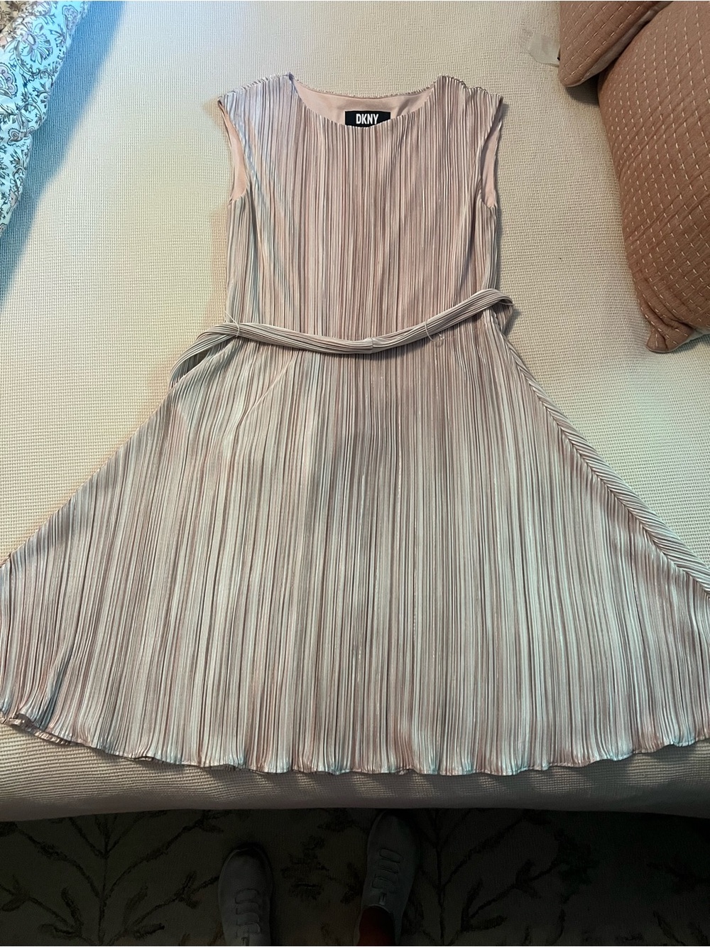 DKNY Pleated Gold Sleeveless Belted Dress